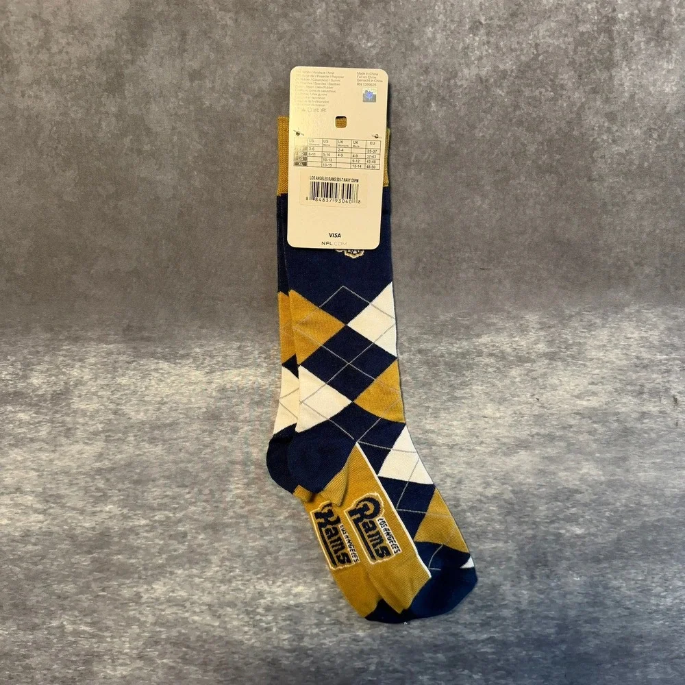 NFL Team Apparel Los Angeles Rams Argyle Crew Socks Navy Gold‎ White OSFM New